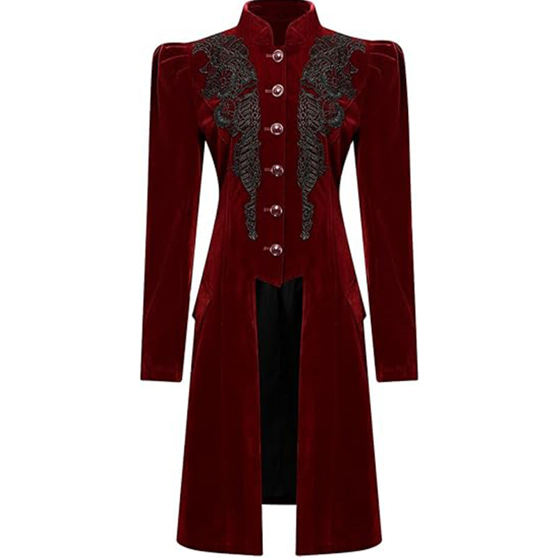 Retro-chic Fitted Waistline Printed Long-sleeve Stand-collar Coat