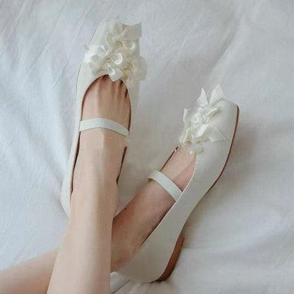 Women French Bow Square Toe Mary Jane Shoes 2025 New Elegant Block Heel Soft Sole Low Cut Ballet Flats