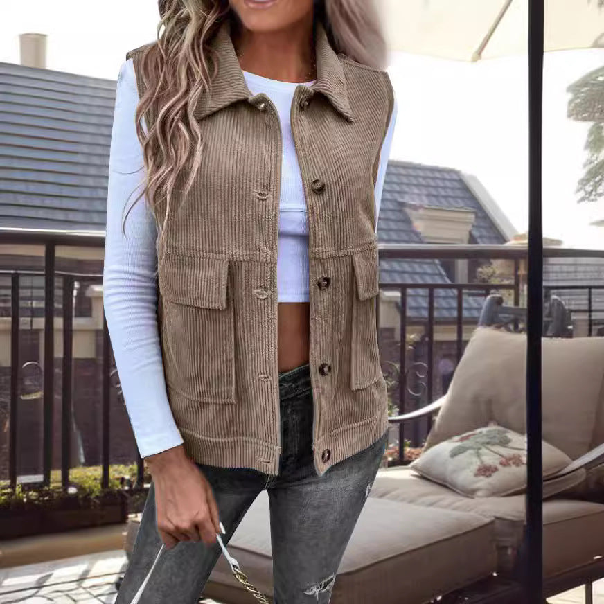 Corduroy Patchwork Sleeveless Cardigan Vest