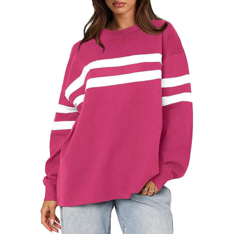 Fashionable Womens Fallwinter Casual Patchwork Striped Sweatshirt