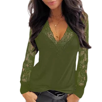 2026 Autumn New European And American Women's Sexy Lace Splicing V-neck Perspective Long Sleeve T-shirt
