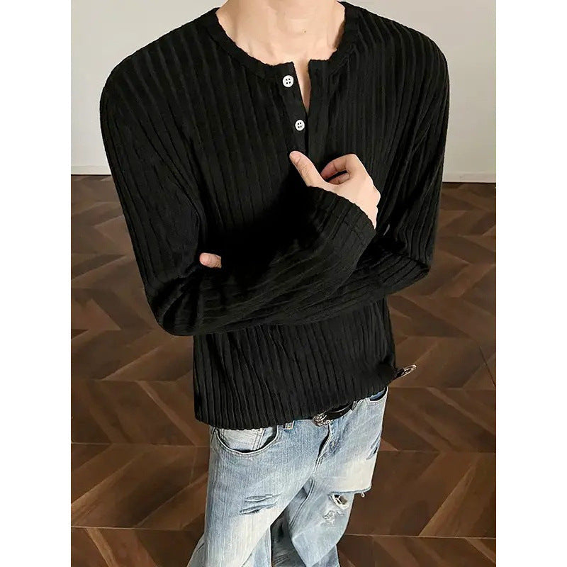 Mens Long-Sleeve T-Shirt Loose-Fit Striped All-Match Top