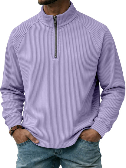 Mens Vertical-Striped Zip-Up Stand-Collar Long-Sleeve Polo Shirt