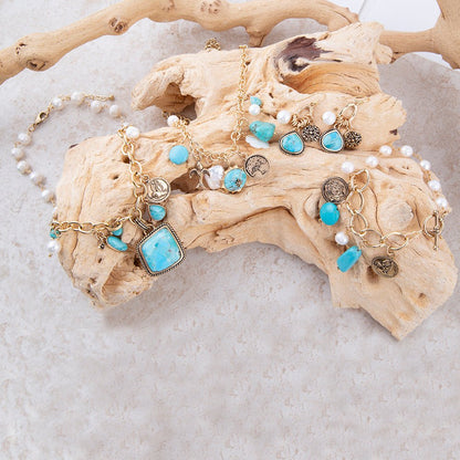 Blue Turquoise and White Pearl Multi Charm Golden Necklace