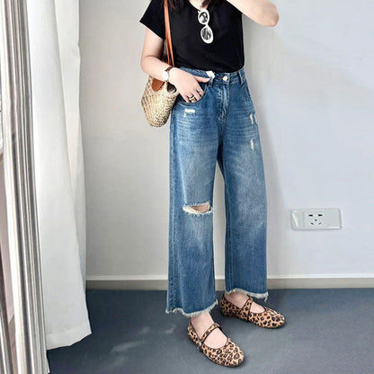 Comfortable Casual Washed Versatile Blue Capri-length Jeans For Outerwear