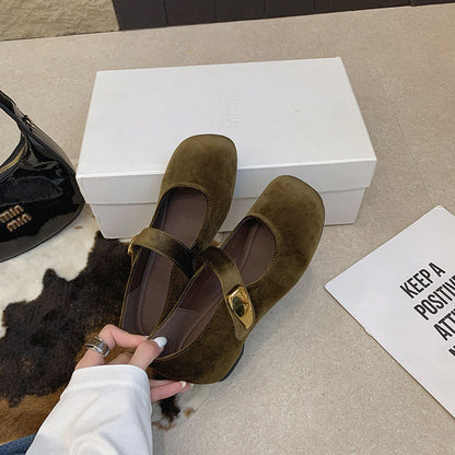 2026 Fall New Arrival Women's Vintage Suede Mary Janes Low Vamp Casual Soft Sole Versatile Flats Velcro Strap Flat Shoes