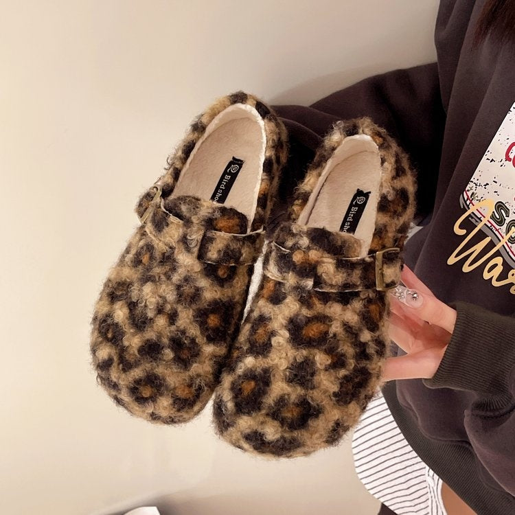 Leopard Print Furry Clogs Women Buckle Strap Warm Fleece Lined Slip On Flat Shoes