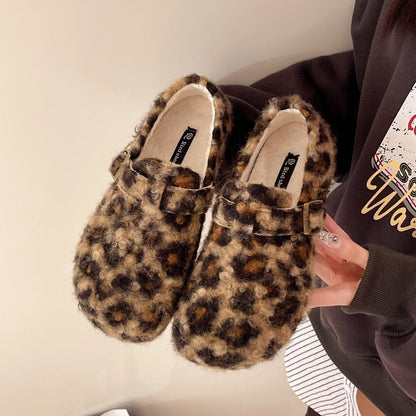 Leopard Print Furry Clogs Women Buckle Strap Warm Fleece Lined Slip On Flat Shoes