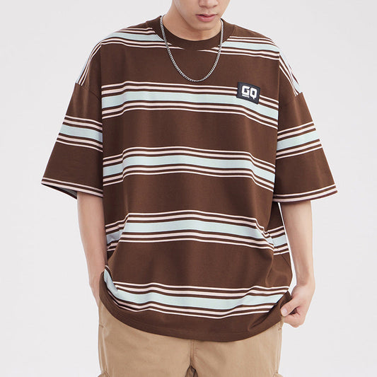 Vintage Stripe Niche Couple Loose Half Sleeve Top