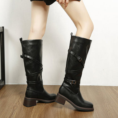 Women's Platform Cross Buckle Knee-High Boots, Ruched Chunky Heel Tall Knight Boots