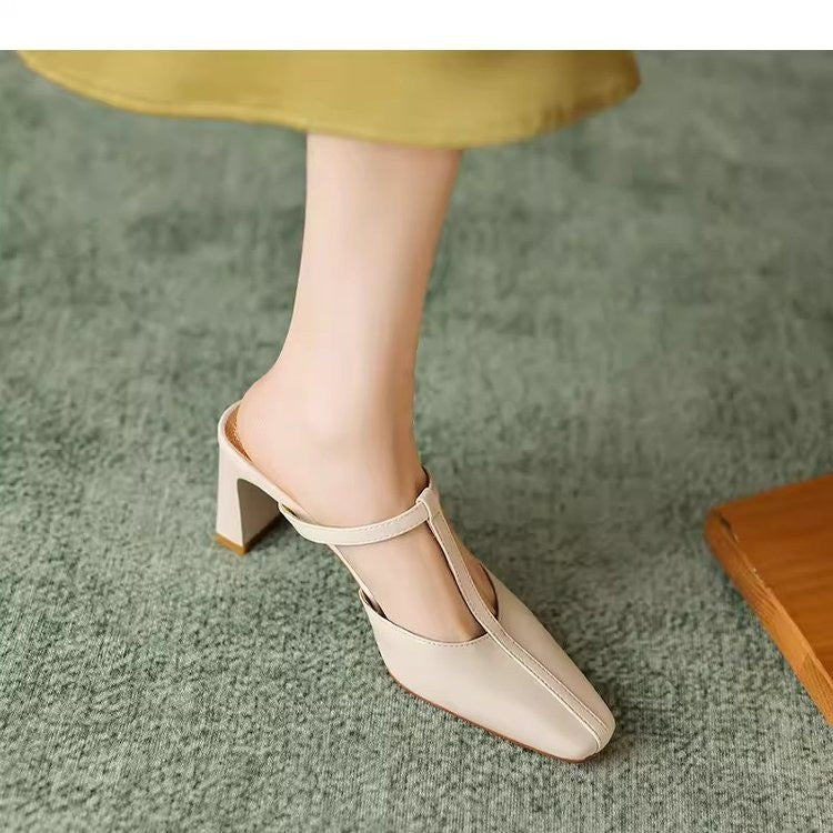 French Vintage Square Toe Block Heel Mule Sandals 2026 Summer New Outdoor High Heel T-Strap Sandals