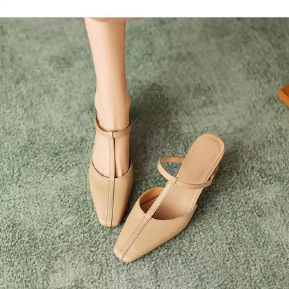 French Vintage Square Toe Block Heel Mule Sandals 2026 Summer New Outdoor High Heel T-Strap Sandals