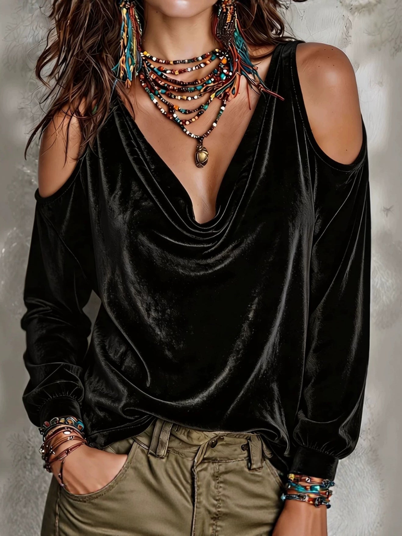 Women's Autumn Velvet Off-Shoulder Fashion Casual Long-Sleeve Top