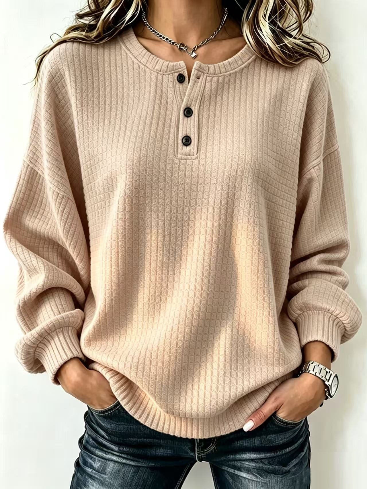 Womens Plaid Casual Loose-fit Crew-neck Long-sleeve Sweatshirt With Buttons
