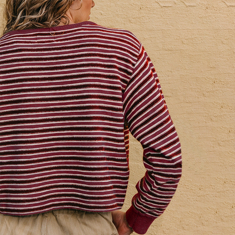 Womens Round-neck Knitted Striped Color-block Sweater