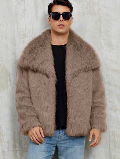 Mens Short Lapel-style Faux Fur Jacket Warm Outerwear