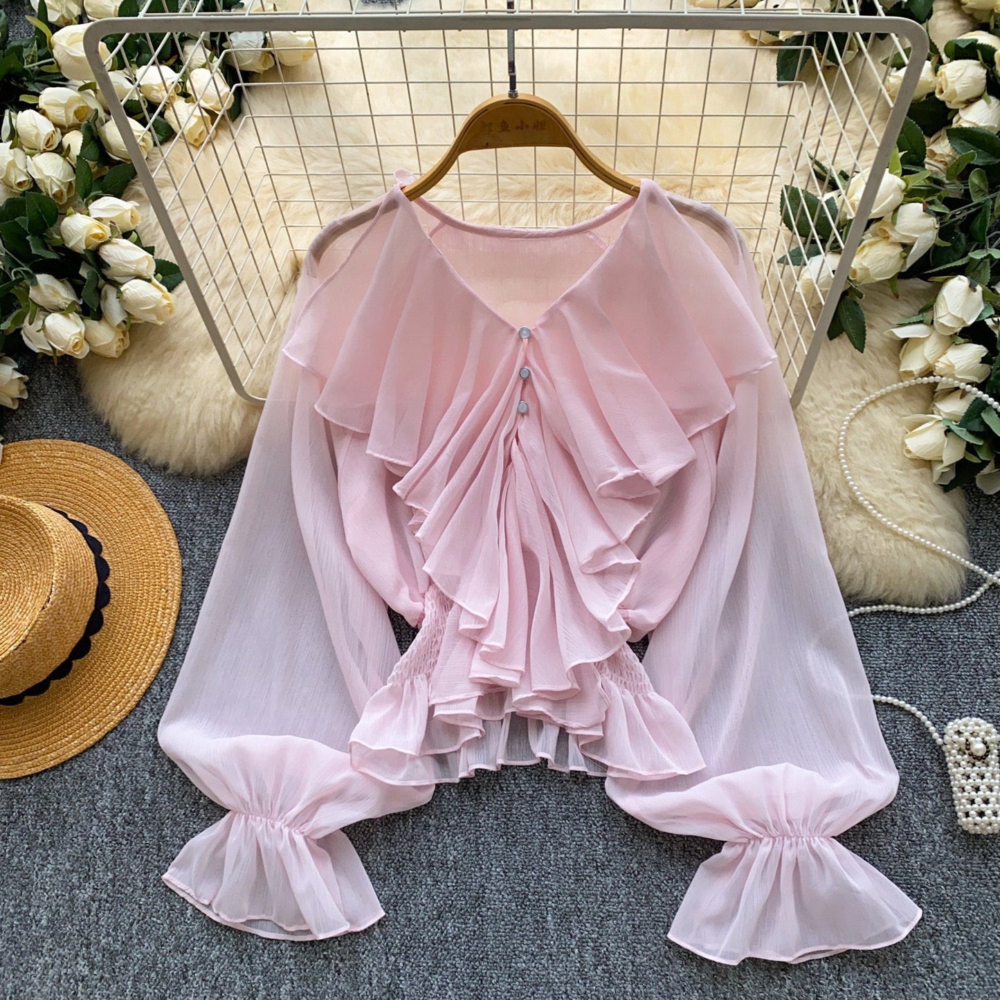 Womens Solid-color Loose-fitting Breathable Ruffled-edge Blouse