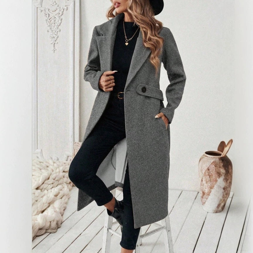 Womens Solid-color Wool Coat With A Lapel And Double-breasted Design