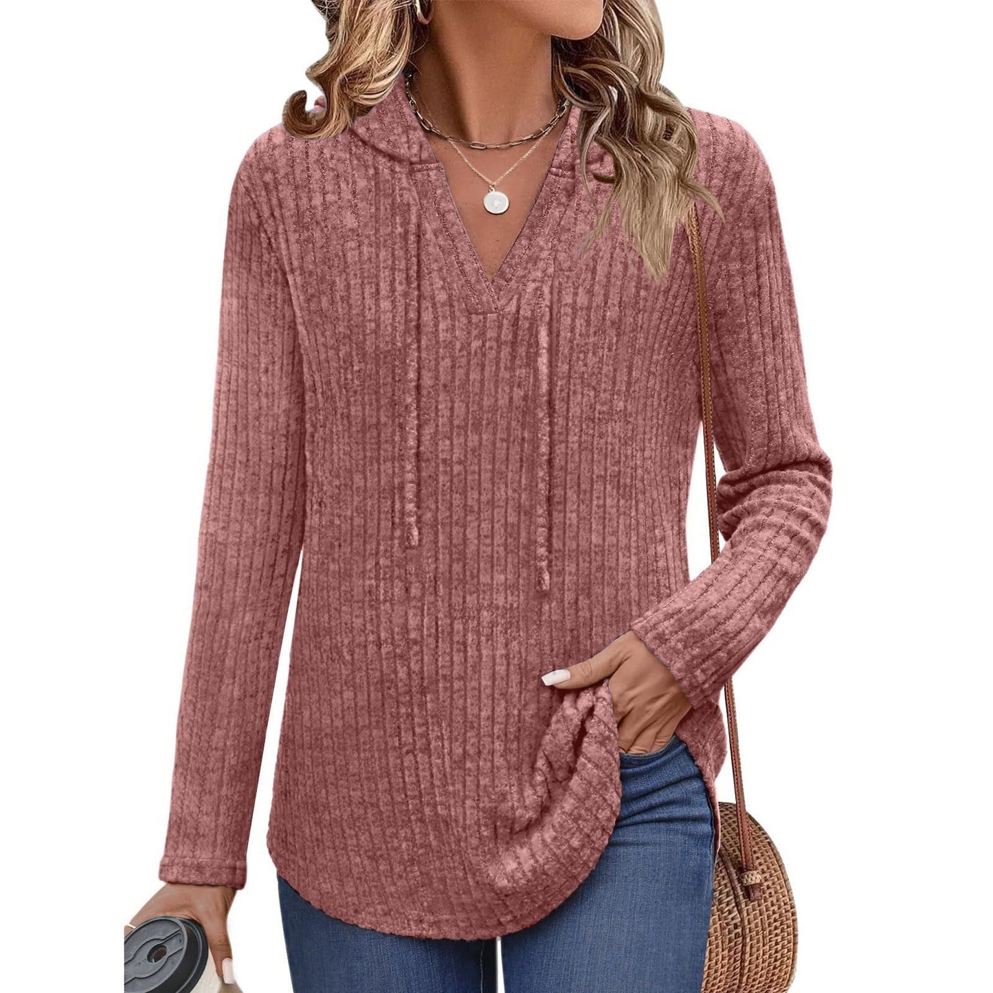 Long-sleeved Ribbed Brushed T-shirt Loose Fit