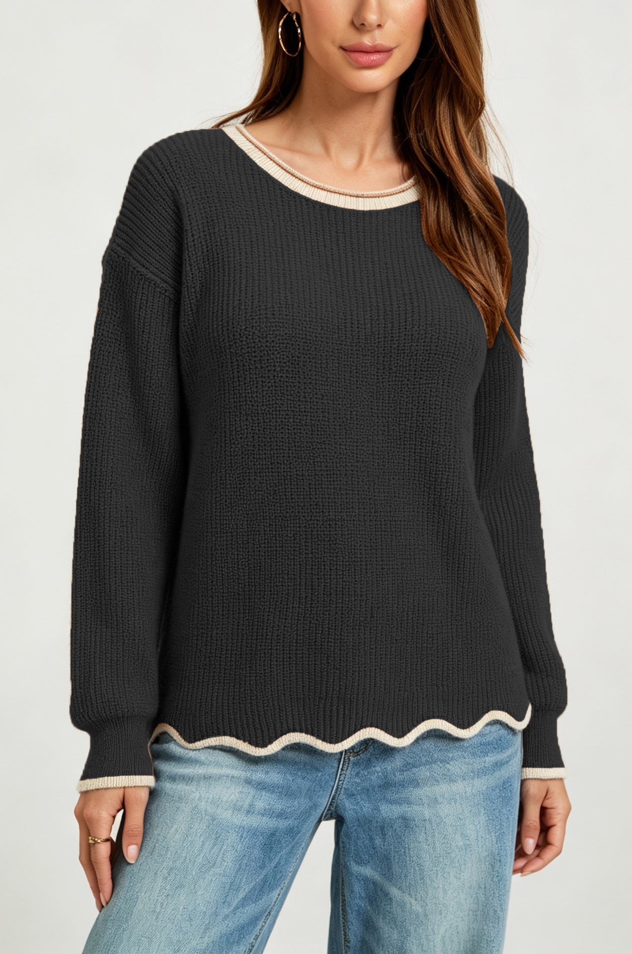 Womens Round-neck Loose-fit Versatile Knit Sweater
