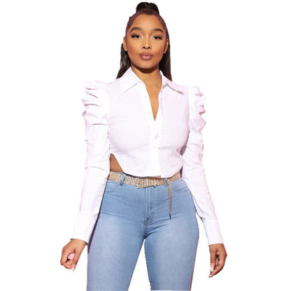 Womens Fashion Cropped Lapel-collar Long-sleeve Slit Blouse