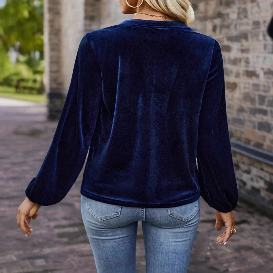 Elegant Long Sleeve Top For Spring & Fall  Women's Casual Chic Solid Color Pullover V-Neck Button
