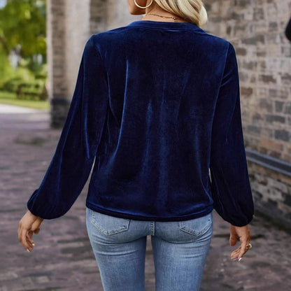 Elegant Long Sleeve Top For Spring & Fall  Women's Casual Chic Solid Color Pullover V-Neck Button