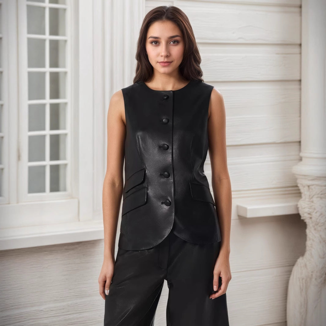 Black Single-Breasted Leather-Look Womens PU Leather Vest