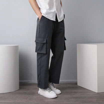 Coil Pants Cropped Pants Straight Trendy Fashion Casual Spring And Autumn Solid Color Casual Pants Men's Pocket Decorative Youth Popular