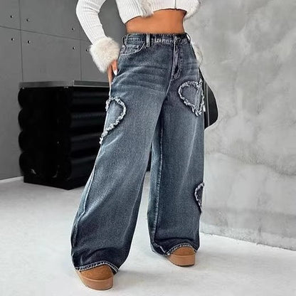 Street-style Washed-and-distressed Loose Straight-leg Pants