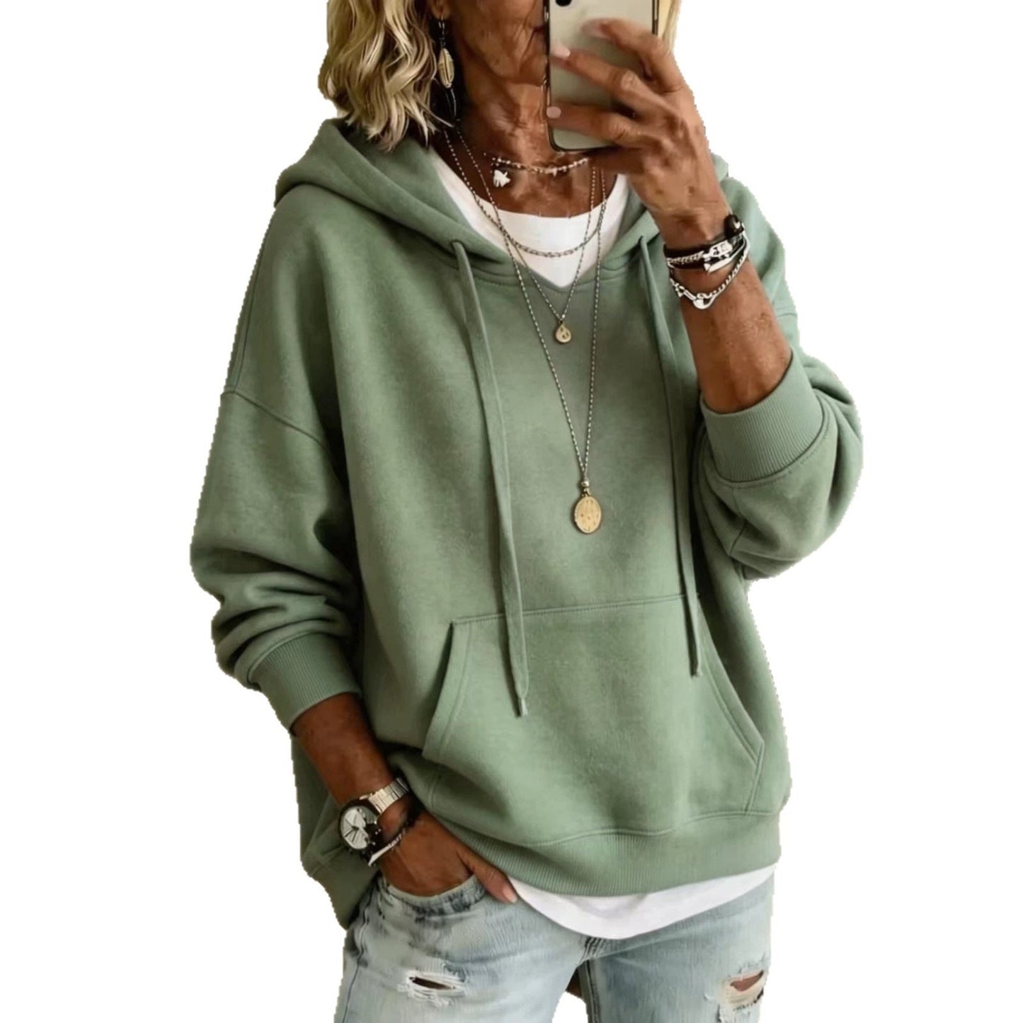 Women Casual Solid Pullover Hoodie Long Sleeve Drop Shoulder Sweatshirt With Drawstring & Kangaroo Pocket Loose Fit Tops