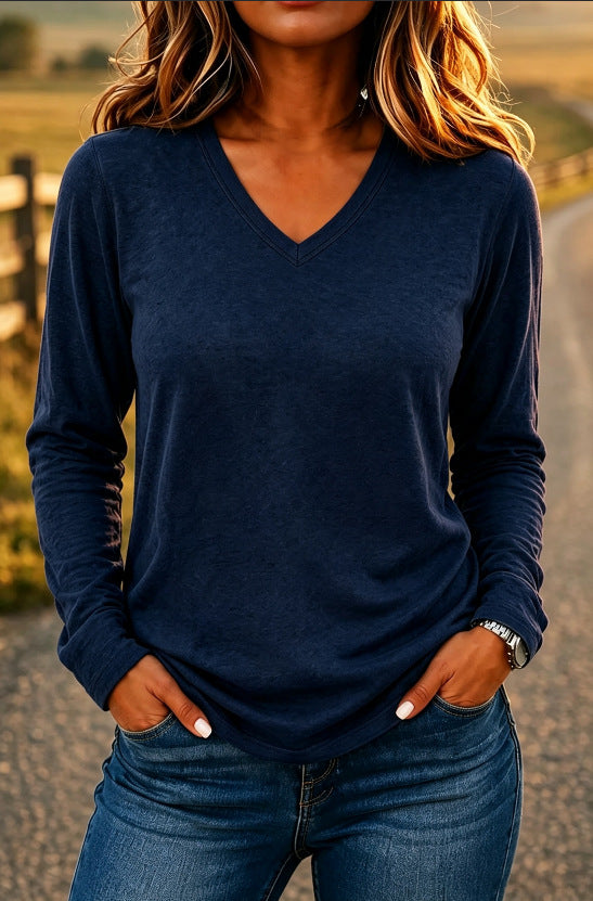 Leisure Pullover V-neck Solid Color Loose Long Sleeves T-shirt