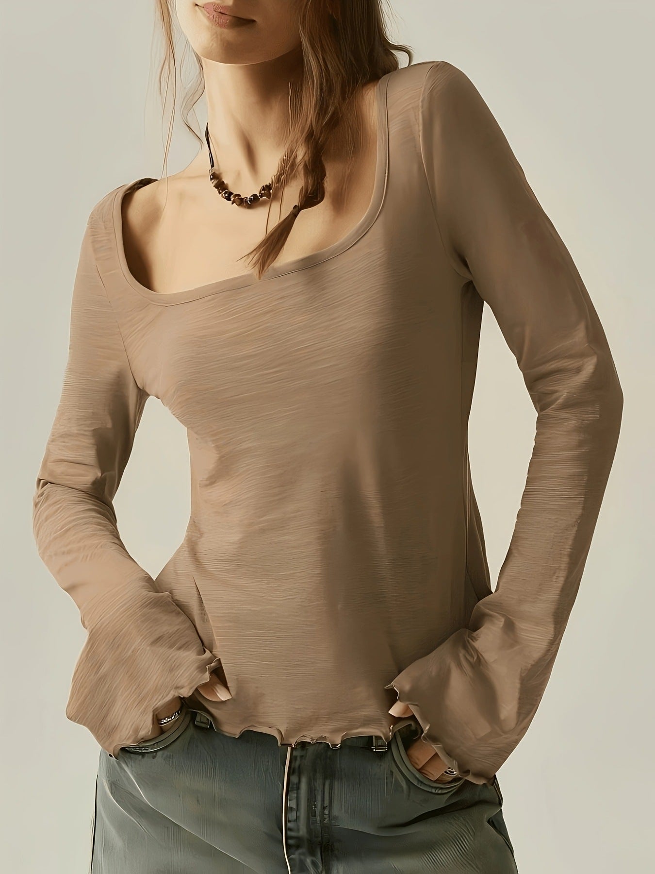 Wide-neck Long-sleeve Top Basic T-shirt