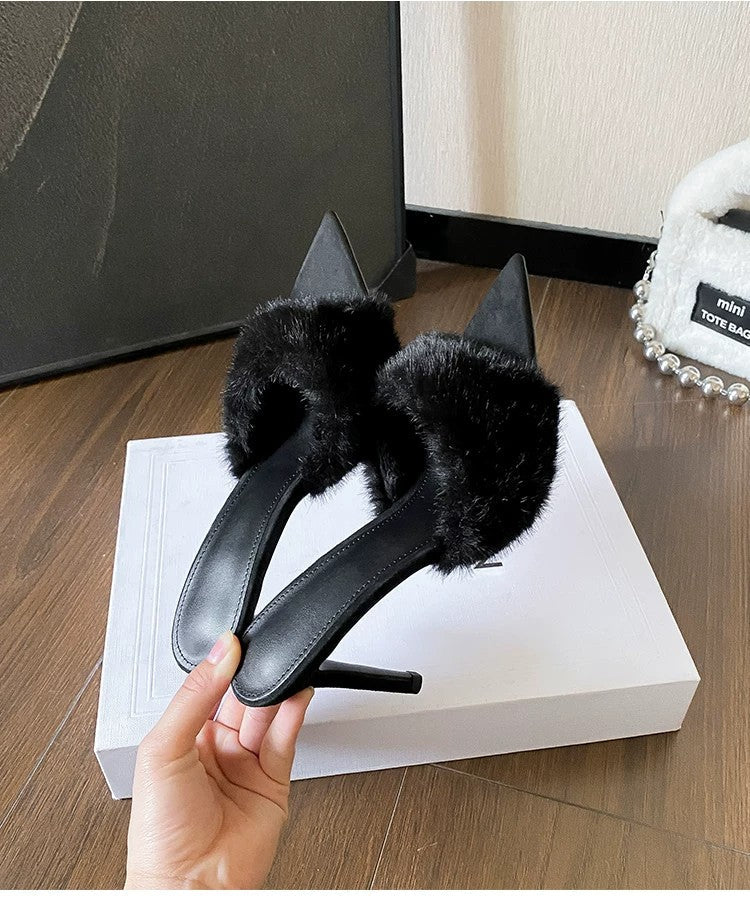 Women's 2026 Fall Winter New Fuzzy Mules, Pointed Toe Thin High Heel, Comfortable Versatile Fashion Premium Women Slippers