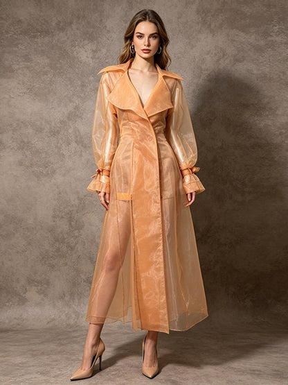 Sheer Organza Trench-Style Maxi Coat