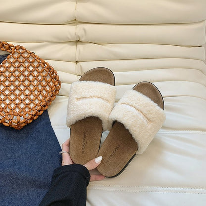 2026 Autumn New Women's Lamb Wool Flat Slippers, Soft Sole Non-Slip Versatile Fashion Furry Slides For Outdoor Wear