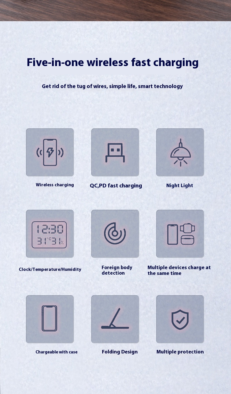 15W Wireless Chargers Stand 5 In1 LED Digital Alarm Clock Fast Charging Dock Station