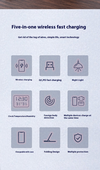 15W Wireless Chargers Stand 5 In1 LED Digital Alarm Clock Fast Charging Dock Station