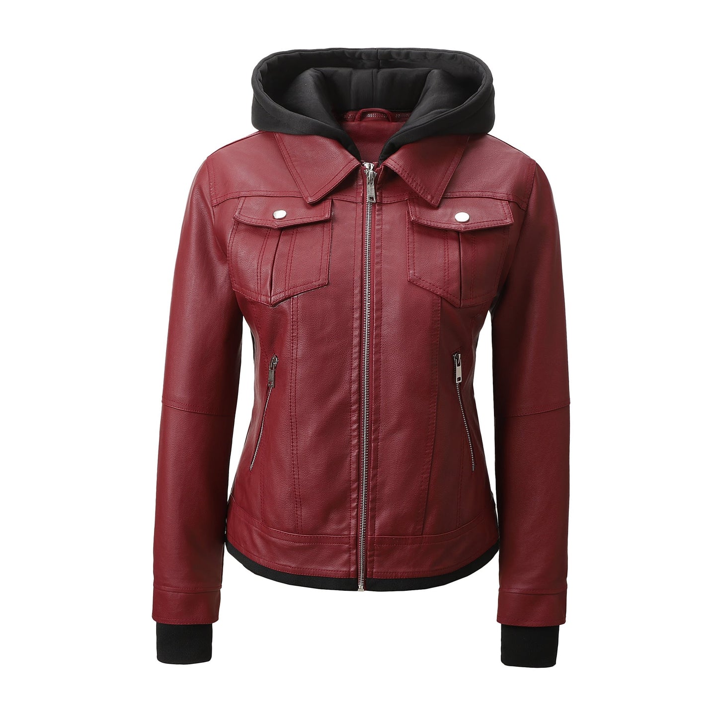 Detachable-hooded Biker Jacket Waist-cinching Faux-leather Coat That Flatters
