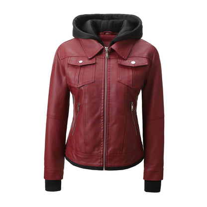 Detachable-hooded Biker Jacket Waist-cinching Faux-leather Coat That Flatters