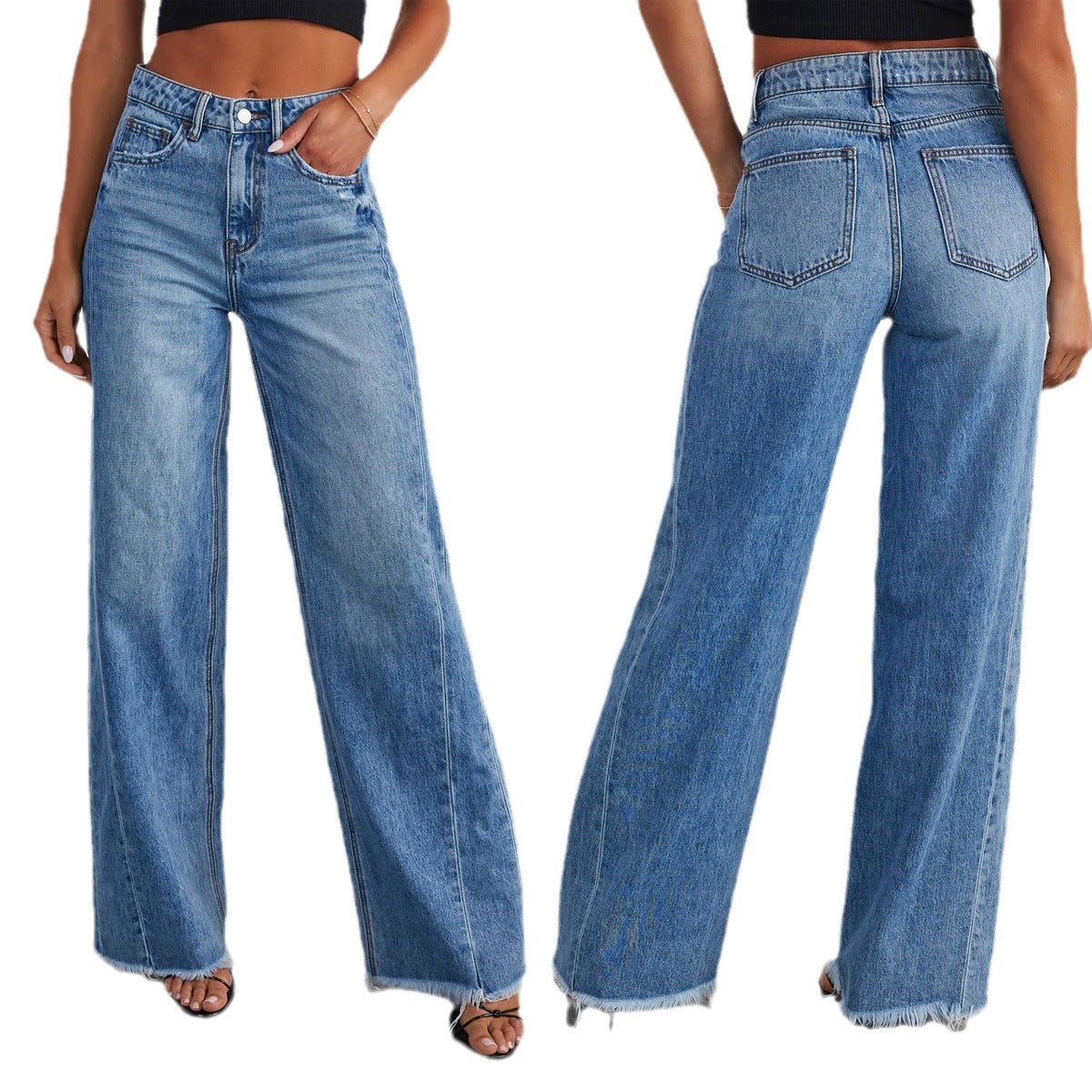 Europe And The United States Cross-border New Amazon Loose Wide Leg Side Stitching Framed Hem Jeans Women's 32150