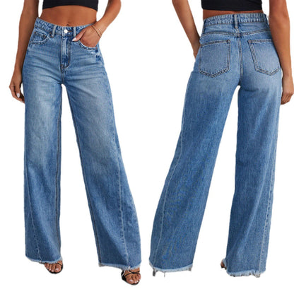 Europe And The United States Cross-border New Amazon Loose Wide Leg Side Stitching Framed Hem Jeans Women's 32150