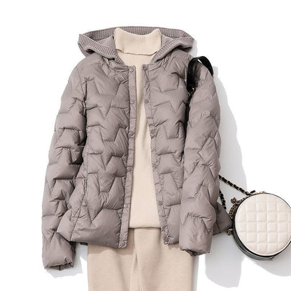 Womens Cropped Knit Beanie And Trendy V-neck Loose Down Jacket