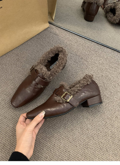 Block Heel Mary Jane Women Shoes Fleece Lined Pumps 2025 Autumn Winter New Warm Deep Mouth Shoes Furry Shoes Outdoor Cotton Shoes