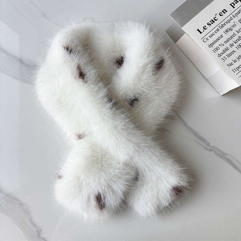 Natural Spotted Leopard Print Plush Cross Neck Scarf With A Korean-style Gentle Style For Autumn And Winter Daily Outings