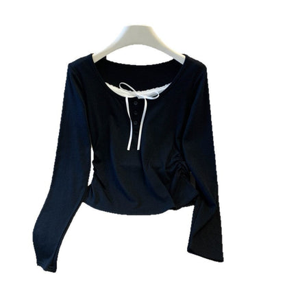 Lace Faux Two-piece Square-neck Long-sleeve T-shirt