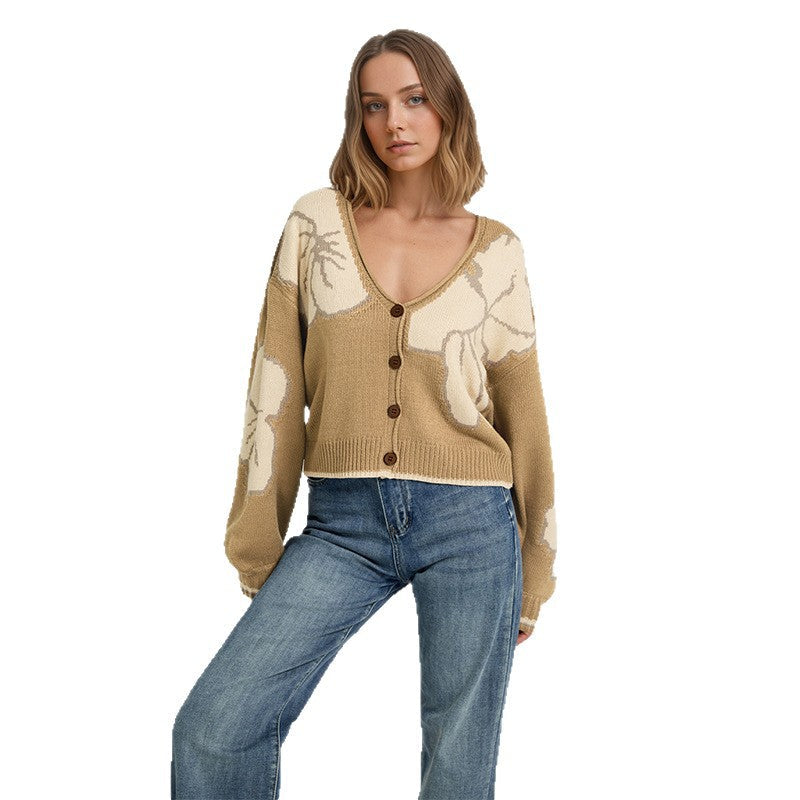 Womens Loose-fit Jacquard Color-block Knitted Cardigan Top