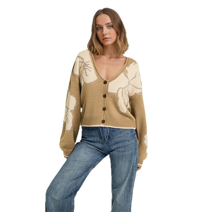 Womens Loose-fit Jacquard Color-block Knitted Cardigan Top