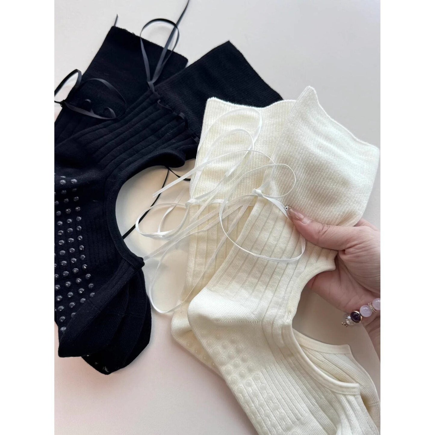 Ballet-style Backless Ribbon Yoga Socks With Silicone Non-slip Soles