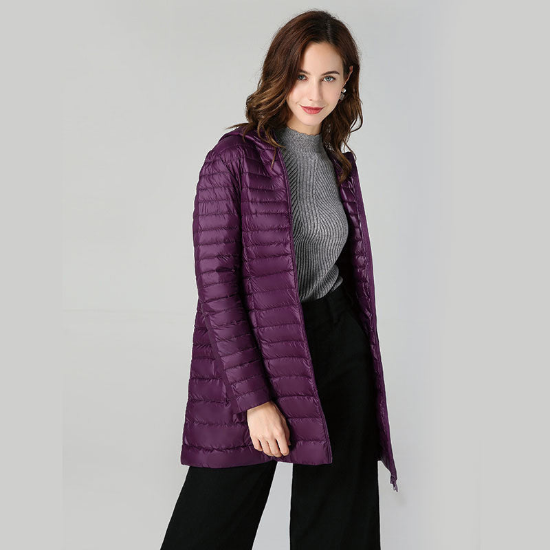 Lightweight Mid-length White Duck Down Slim-fit Winter Hooded Coat